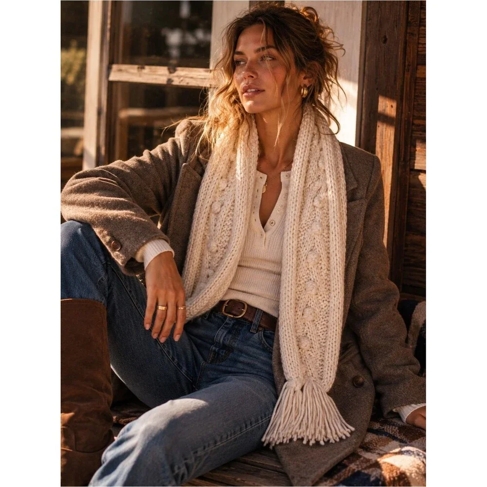 Vintage Y2K Abercrombie Cream Wool Blend Long Scarf Pom Pom & Fringe Details